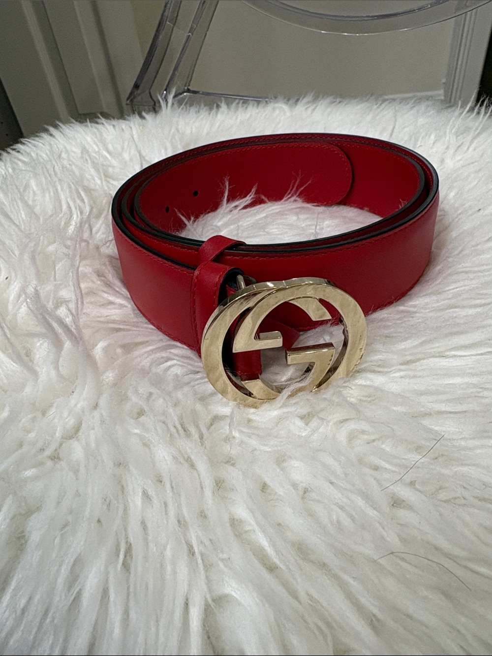 Gucci Red Leather Belt with Gold Double-G Buckle